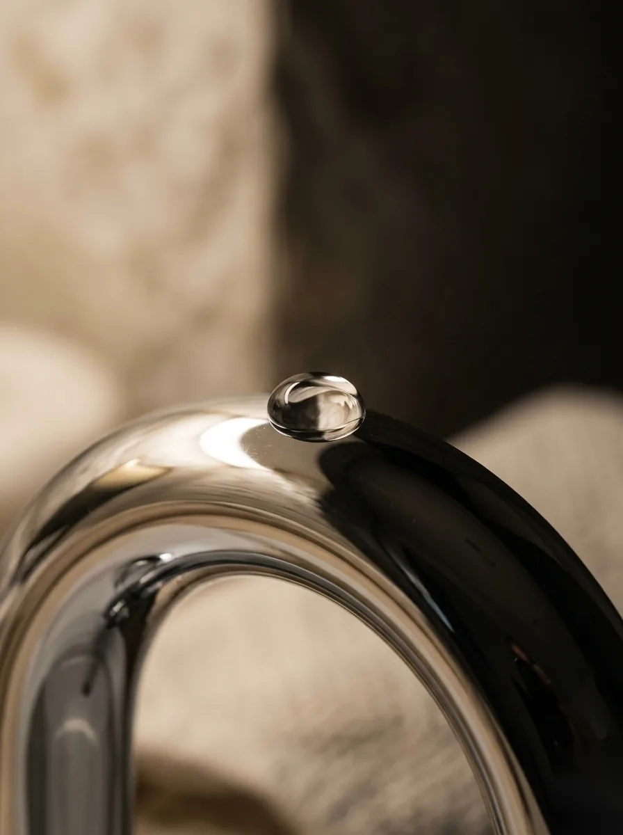 A water droplet on a polished chrome TRENZ fitting